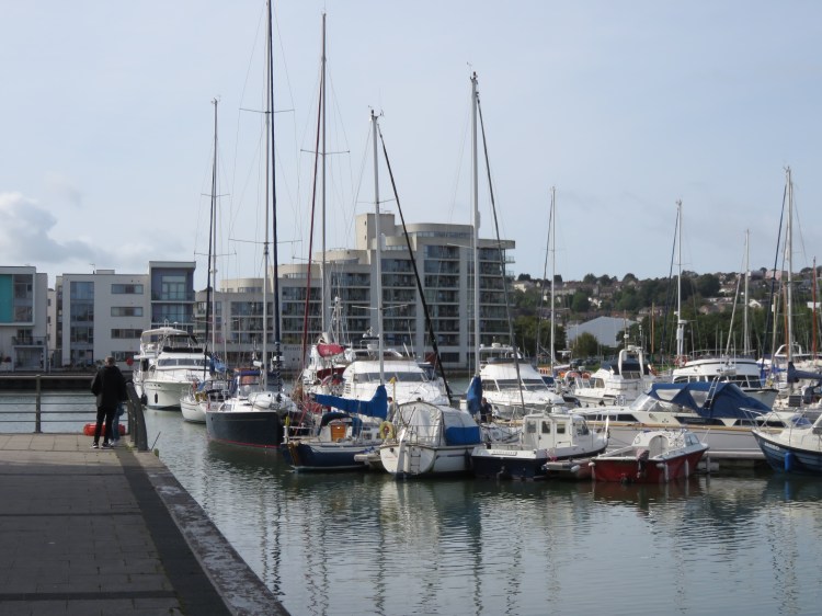 Modern buildings at the inland end of the marina